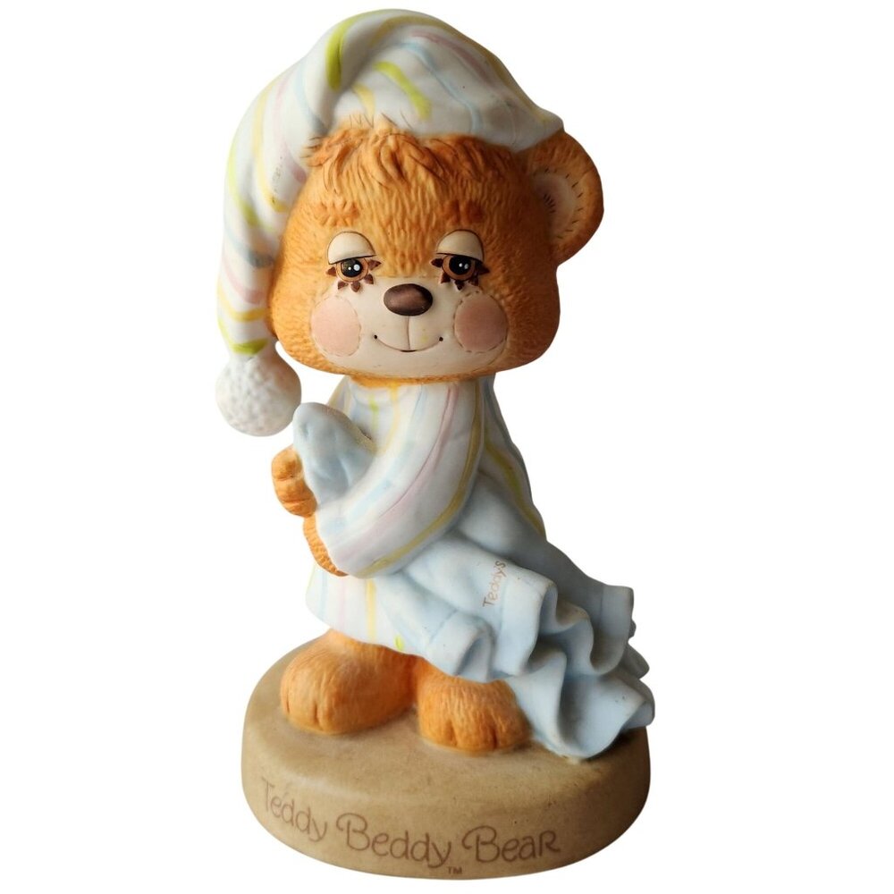 Vtg 6.5" 1980s Enesco Teddy Beddy Bear Figurine Teddy‎ with Blanket Y2K Nursery